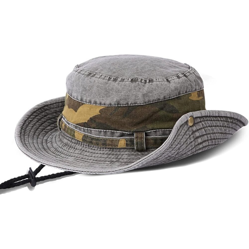 Unisex Camo Grey 100% Cotton Wide Brim Boonie With Chin Strap Classic Bucket Hat